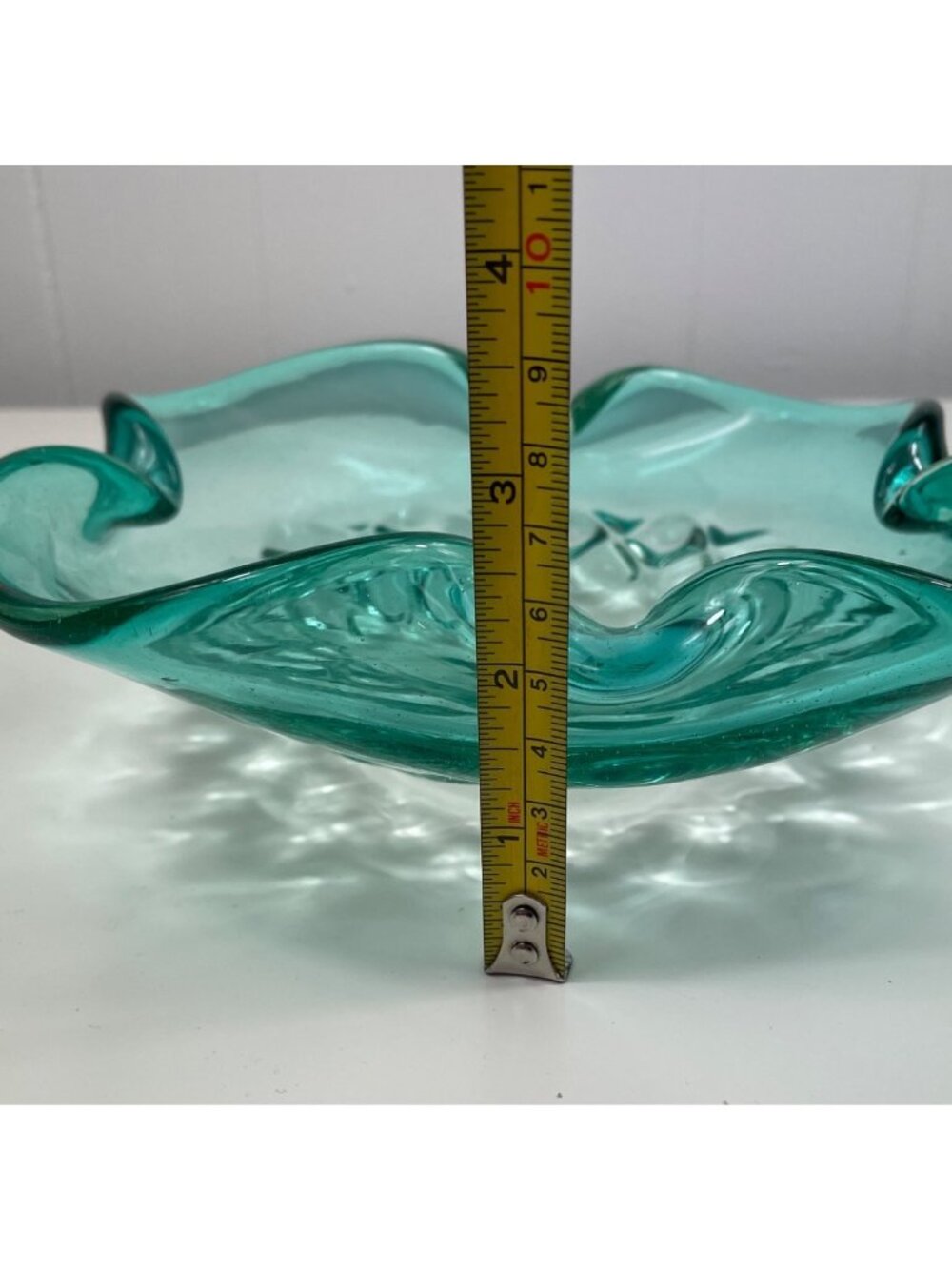 Vintage Hand Blown Turquoise Glass Bowl w/ Ruffled Edge & Textured Floral Design - Picture 10 of 10